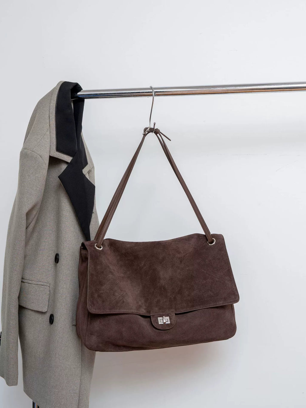Women's Brown Suede Flap Shoulder Bag – Silver Turn-Lock Closure