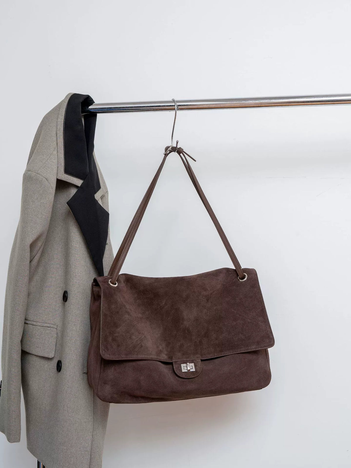 Women's Brown Suede Flap Shoulder Bag – Silver Turn-Lock Closure