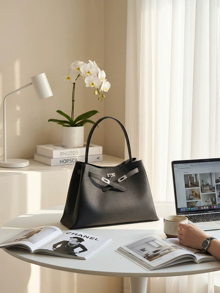 Black Pebbled Leather Shoulder Tote | Large Capacity Belt-Buckle Handbag for Women