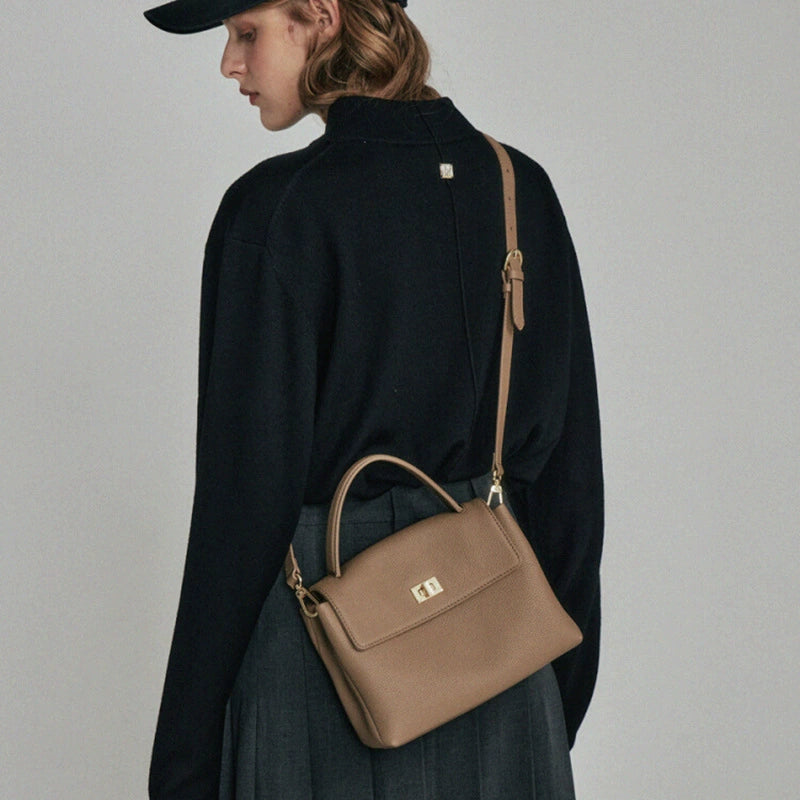 Khaki Pebbled Leather Mini Flap Bag | 2-in-1 Top Handle & Crossbody Handbag for Women